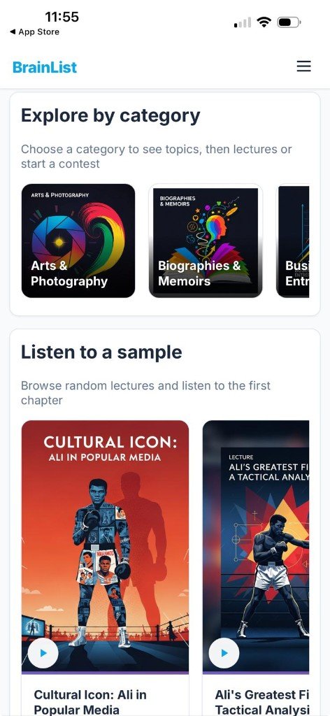 BrainList Explore - categories and sample lectures